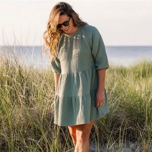 NWT Alice Walk The Organic Cotton Gauze Puff Sleeve Dress (Sage)